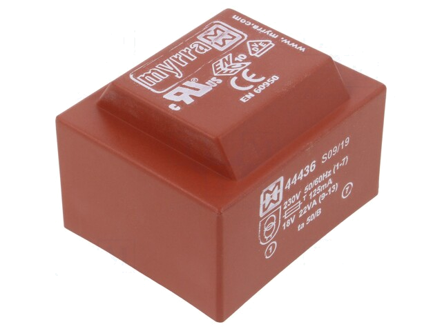Transformator: ingegoten; 22VA; 230VAC; 18V; 1222mA; PCB Transformator: ingegoten; 22VA; 230VAC; 18V; 1222mA; PCB